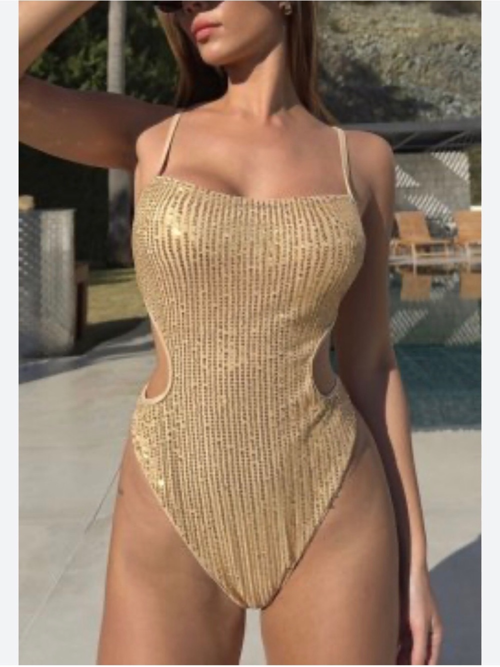 Gold Sequin One-Piece Swimwear with Cutouts